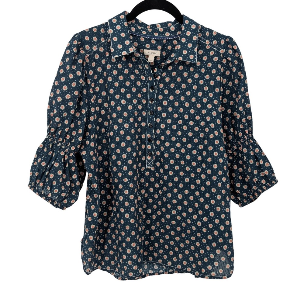 Pilcro Top Women M Blue Floral Puff Sleeve Cottagecore Peasant Anthropologie